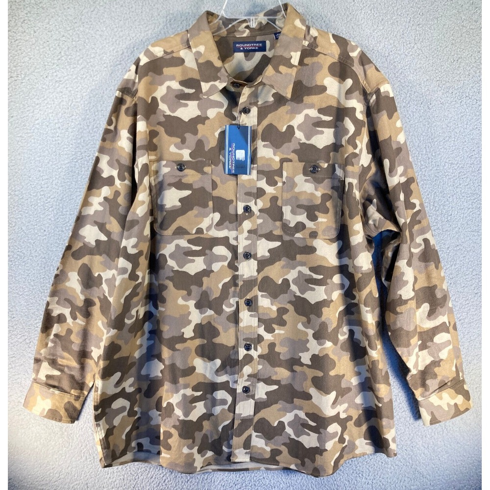 Roundtree & Yorke Shirt Mens Sm Brown‎ Camo Button Long Sleeve Heavy Flannel NEW